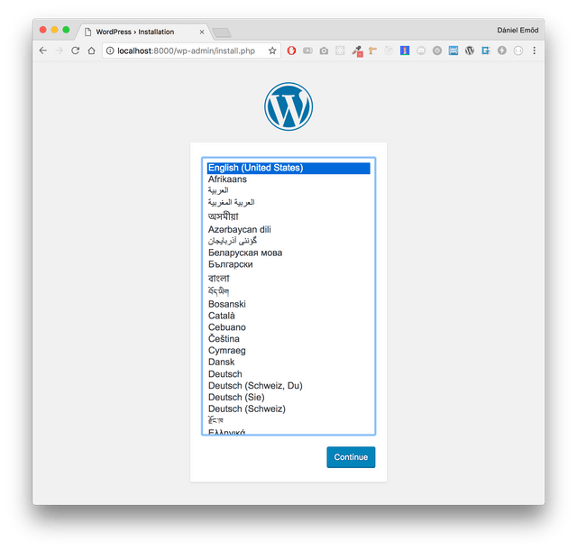 Screenshot of WordPress install screen